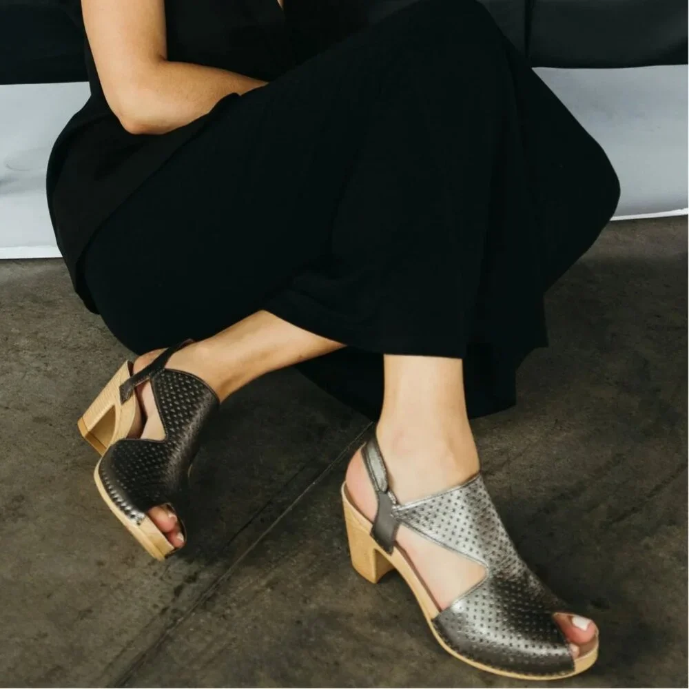 NEW Dansko Teagan Perforated Leather Peep Toe Heeled Sandals in Gunmetal - Picture 2 of 11